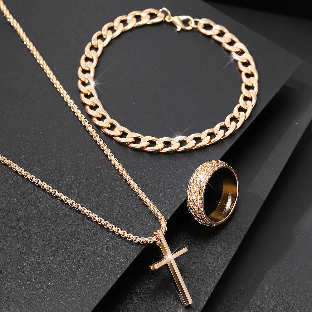 Bestseller New 3Pcs Cross Jewelry Set | Chain Ring Bracelet Necklace | Fashion Religious Accessories for Women Men Daily & Gift