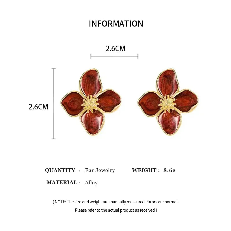 White Color Dripping Oil Flower Stud Earrings for Women Four-petal Gold Electroplating Ear Stud New Trendy Girls Vintage Jewelry