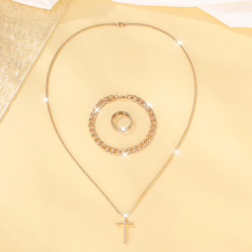 Bestseller New 3Pcs Cross Jewelry Set | Chain Ring Bracelet Necklace | Fashion Religious Accessories for Women Men Daily & Gift