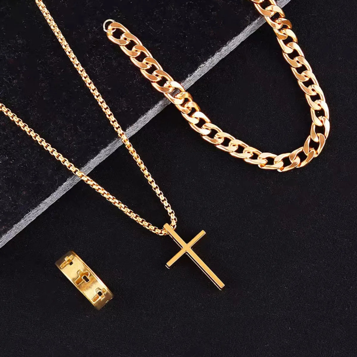 Bestseller New 3Pcs Cross Jewelry Set | Chain Ring Bracelet Necklace | Fashion Religious Accessories for Women Men Daily & Gift