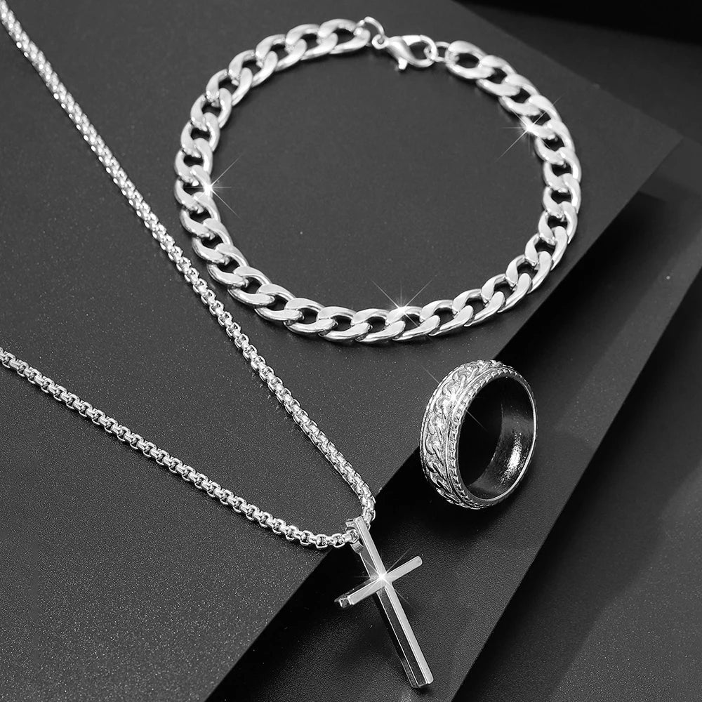 Bestseller New 3Pcs Cross Jewelry Set | Chain Ring Bracelet Necklace | Fashion Religious Accessories for Women Men Daily & Gift
